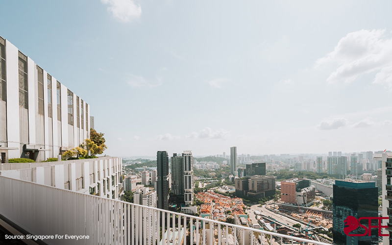 A rooftop view overlooking the Singapore city landscape.