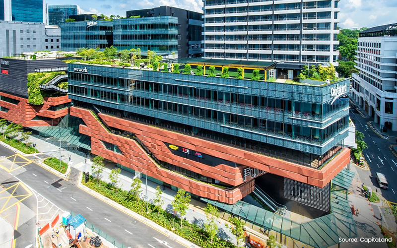 An aerial view of a modern building with a green roof.