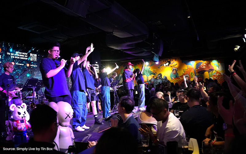 Band performing live music on stage at a bar.