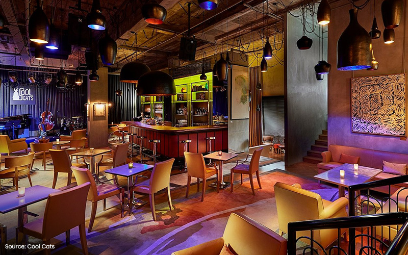 Cool Cats, a cozy live jazz music bar interior.