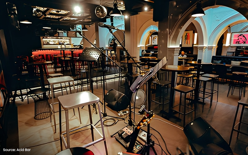 Empty stage at Acid Bar, a popular live music venue.
