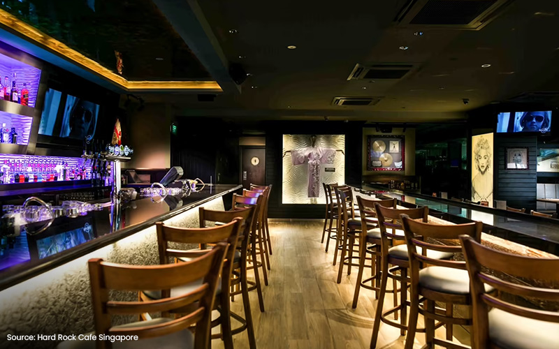 Hard Rock Cafe Singapore's empty bar, famous for live music.