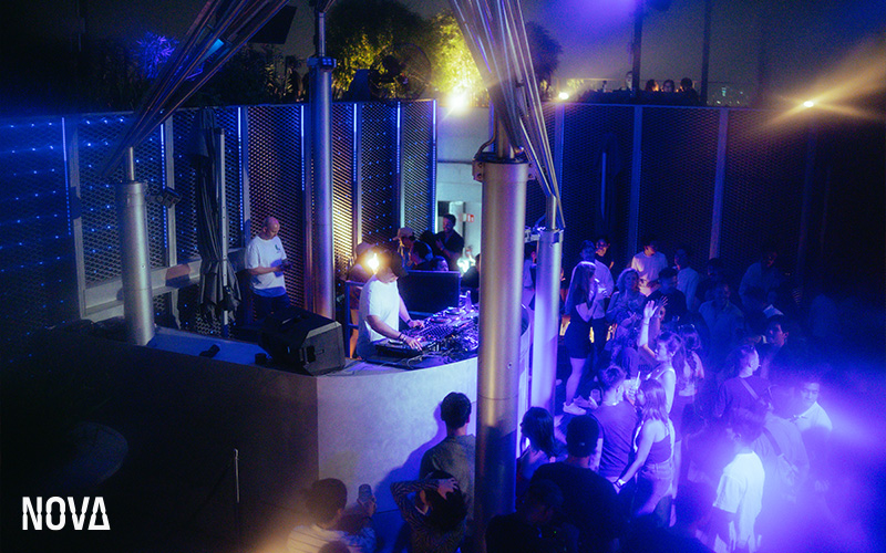 Nova Bar rooftop view at night.