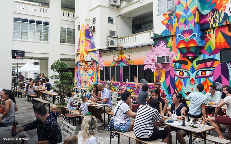 People dining outdoors at Kult Yard, a unique bar.