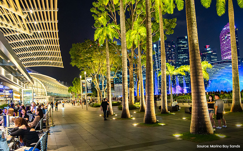 People dining outdoors at a Marina Bay live music venue.