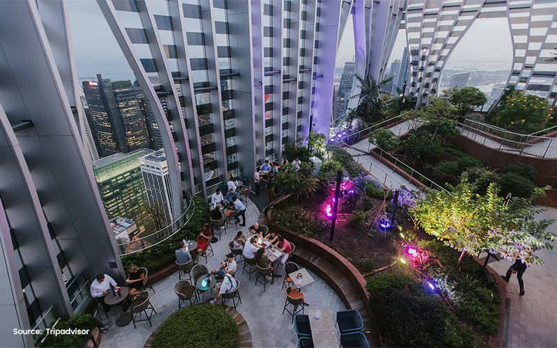 Rooftop bar with garden and city skyline view